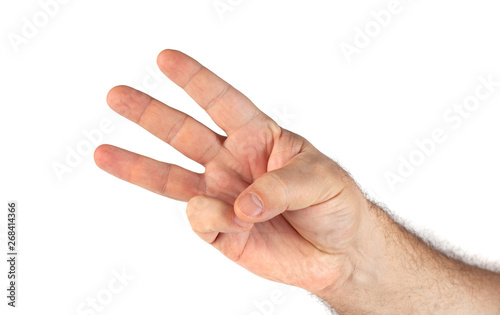 image of hand showing three fingers gesture on white background © k_samurkas