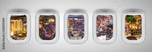 Las Vegas night aerial skyline as seen through five aircraft windows. Holiday and travel concept