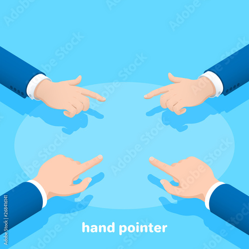 isometric vector image on a blue background, hands of a man in a business suit with the index finger stretched forward, hand pointer
