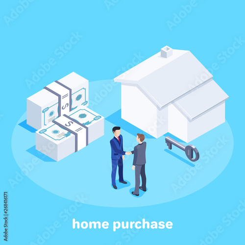Isometric vector image on a blue background, men in business suits shaking hands after concluding a deal, selling housing or renting