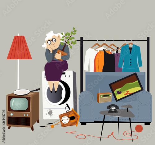 Homeless elderly woman sitting outside surrounded by her belongings, EPS 8 vector illustration