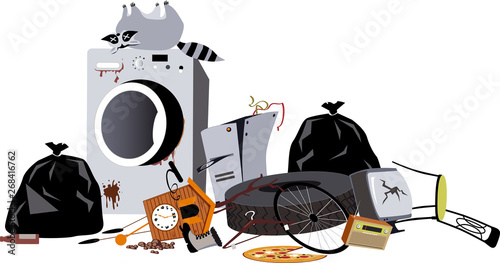 Pile of household garbage, including a broken washing machine and a dead raccoon, EPS 8 vector illustration photo
