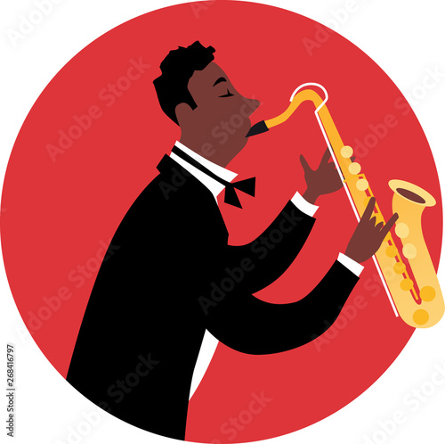 Canvas Print Black man in tuxedo playing a saxophone, EPS 8 vector illustration