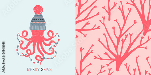 Underwater Coral Merry Christmas concept graphics set in decorative Scandinavian style. Fairy Christmas Octopus in jacquard winter hat with decorative garland vector illustration. Simple flat ocean