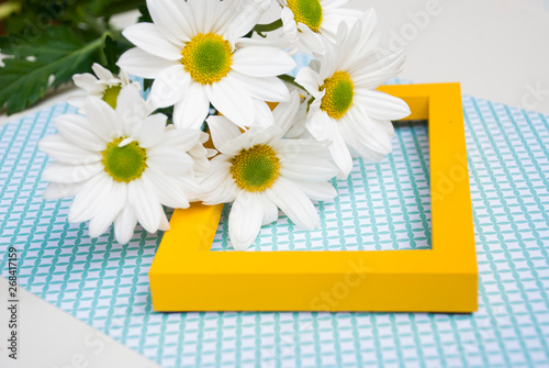 Card for women with white and yellow flowers and frame. Creative background romantic.