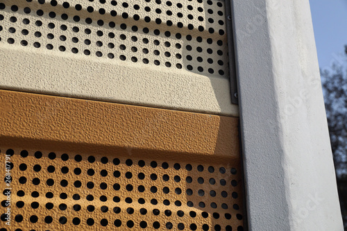 Protection of residents against noise generated by vehicle traffic. Close-up of noise-absorbing protective panels.