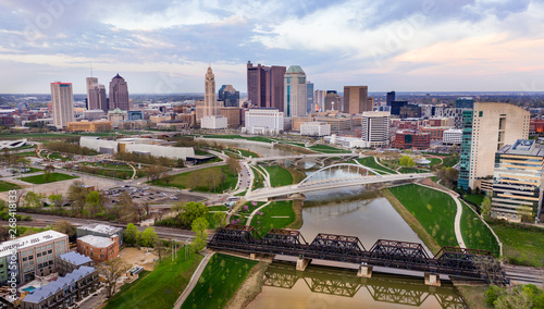 Aerial View over the Columbus Ohio Skyline Featuring Scioto River