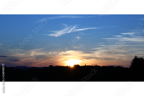 sunset treetops in the background blue sky white clouds