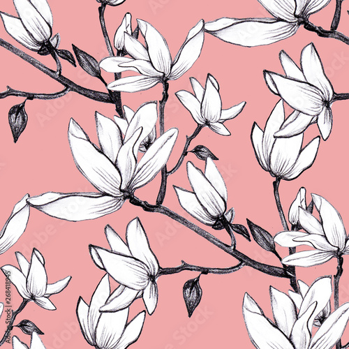 Hand drawn pattern seamless magnolia flowers on coral background.Element for design,packaging, wallpaper, textile,card