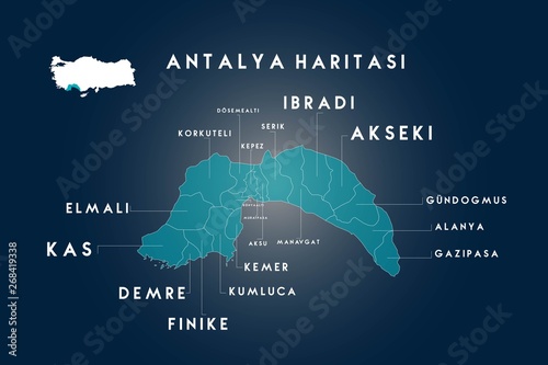 Antalya districts Dosemealti, Korkuteli, Kepez, Serik, İbradi, Akseki, Gundogmus, Alanya, Gazipasa, Konyalalti, Muratpasa, Aksu, Manavgat, Kemer, Kumluca, Finike, Demre, Kas, Elmali map, Turkey photo