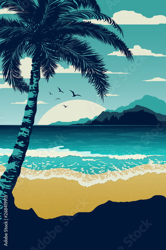 Vintage tropical  landscape with  palm. Seascape with tropical plants. Tourism and travelling. Vector flat design
