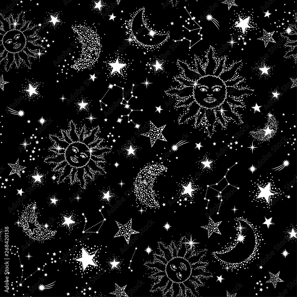 Space Galaxy constellation seamless pattern print could be used for textile, zodiac star yoga mat, phone case - obrazy, fototapety, plakaty 