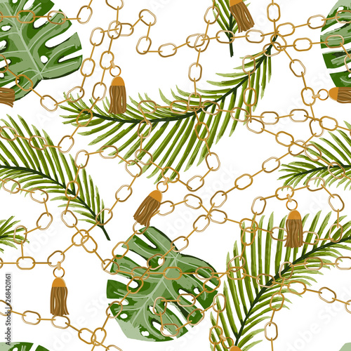 Seamless pattern with gold chain and tropical leaves. Fashion print. Vector hand drawn illustration.