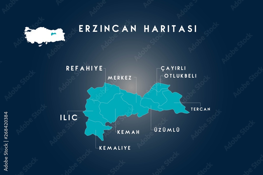 Erzincan districts refahiye, ilic, kemaliye, kemah, uzumlu, cayirli, otlukbeli, tercan  map, Turkey