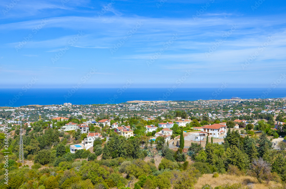 Beautiful countryside in Cypriot Kyrenia region overlooking Mediterranean sea. The amazing place is a popular tourist attraction and summer vacation destination