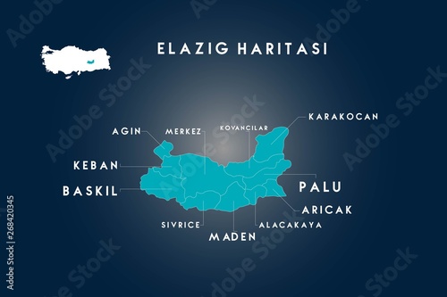 Elazig districts agin, baskil, keban, kovancilar, karakocan, palu, aricak, alacakaya, maden, sivrice map, Turkey