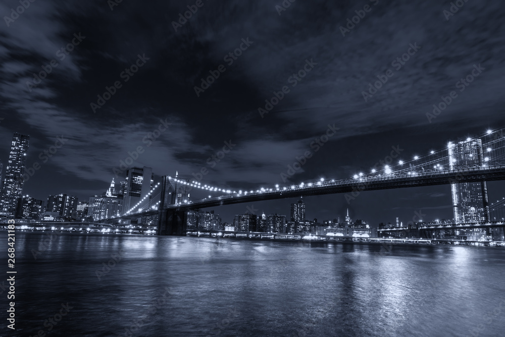 Skyline of Manhattan and Brooklyn bridge, night view