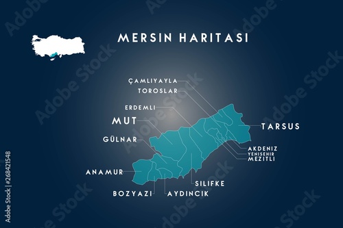 Mersin districts mut, toroslar, erdemli, gulnar, anamur, bozyazi, aydincik, silifke, mezitli, yenisehir, akdeniz, tarsuz, camliyayla map, Turkey