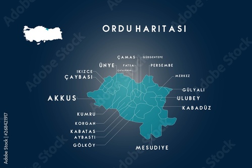 Ordu districts Akkus, Aybasti, Camas, Catalpinar, Caybasi, Fatsa, Golkoy, Gulyali, Gurgentepe, ikizce, Kabatas, Karaduz(Kabaduz), Korgan, Kumru, Mesudiye, Ordu, Persembe, Ulubey, Unye map, Turkey photo
