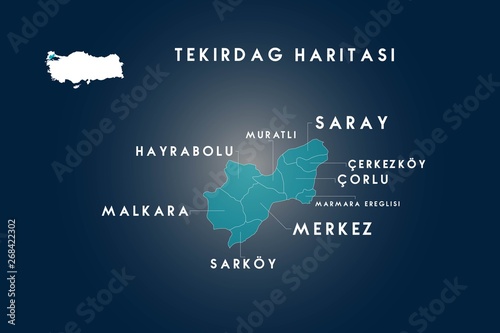 Tekirdag districts Cerkezkoy, Corlu, Hayrabolu, Malkara, Marmaraereglisi, Muratli,Saray, Sarkoy map, Turkey photo