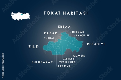 Tokat districts erbaa, pazar, turhal, zile, sulusaray, artova, yesilyurt, almus, resadiye, basciftlik, niksar map, Turkey