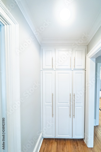 Fototapeta Naklejka Na Ścianę i Meble -  Wall of Tall White wood Painted Cabinets with modern gold handles hardware for storage