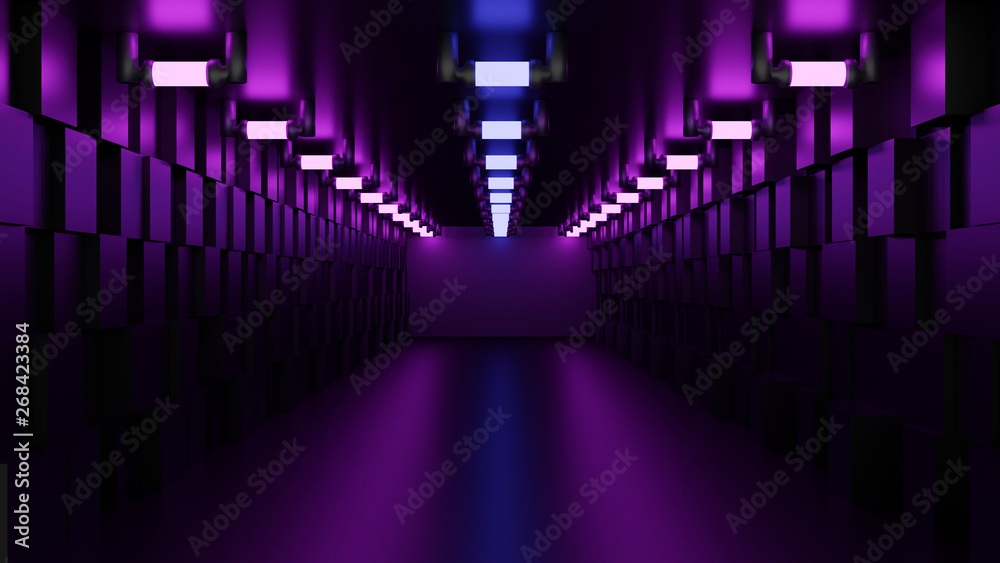 Elegant empty showroom or tunnel with red and yellow  lights. 3d illustration