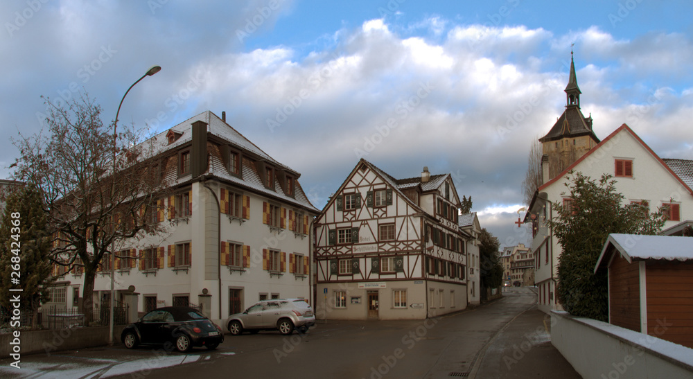 Street-level scene in Arbon, Swiss village in Thurgau on Lake Constance