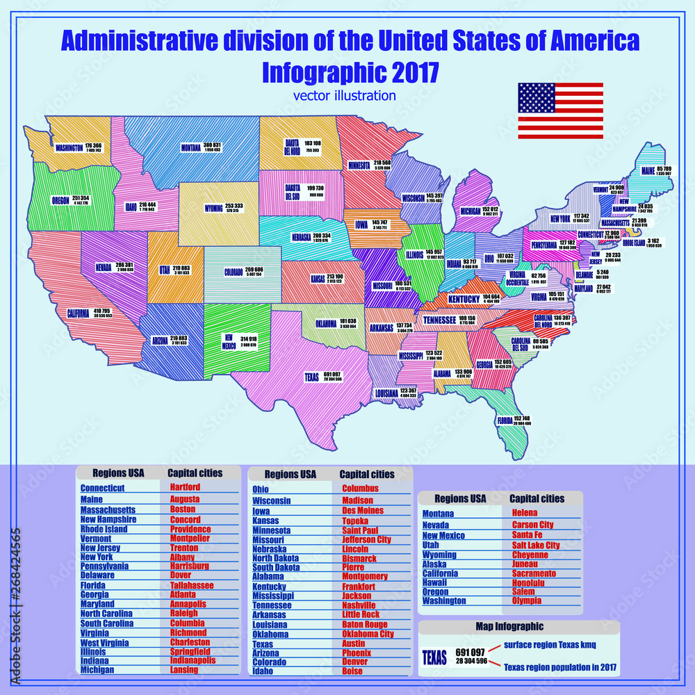Obraz premium Bright illustration with map of United States of America with division and info graphic . Abstract map of USA with regions and informations.