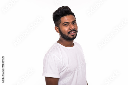 Close up portrait of casual young man on isolated white background.