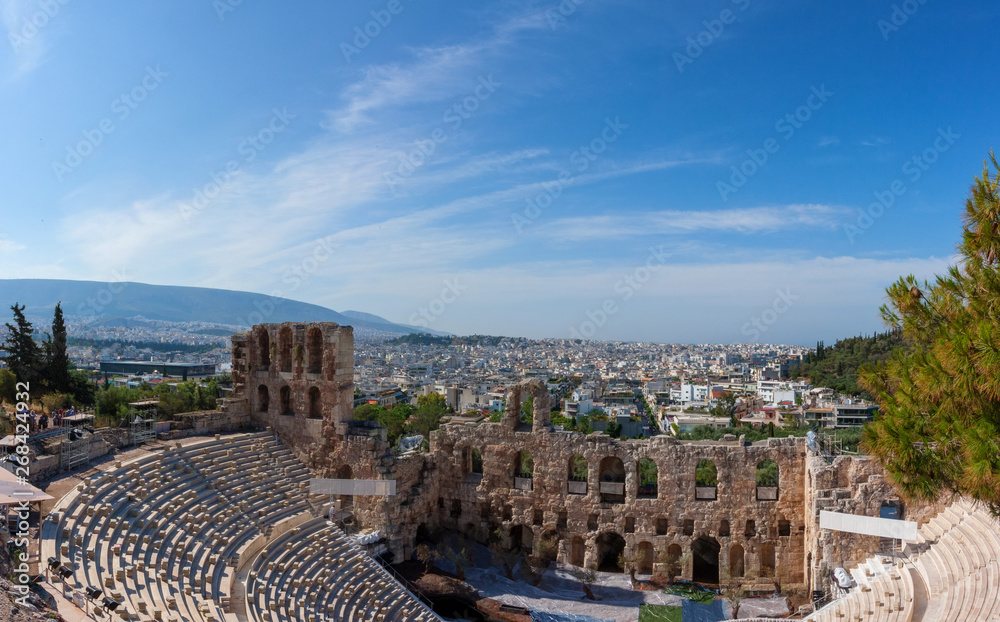 Beautiful panorama of Athens in Greece with Odeon of Herodes Atticus
