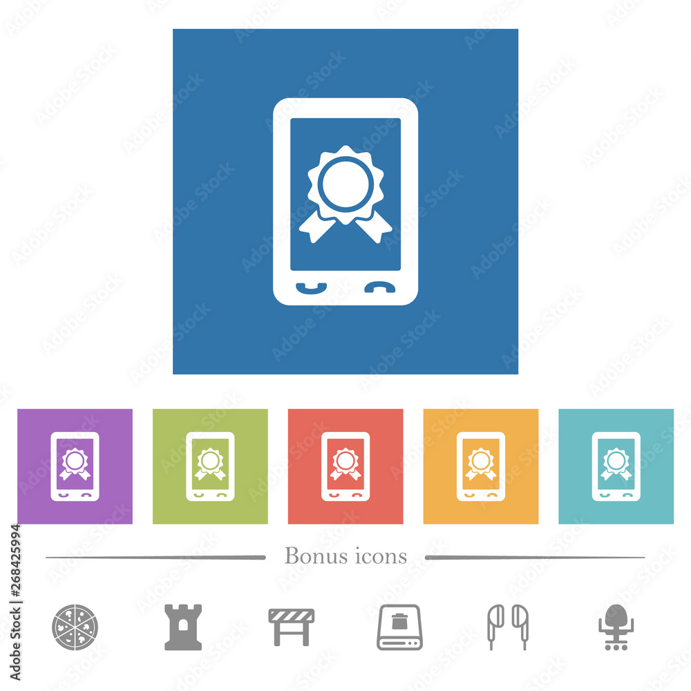 Mobile certification flat white icons in square backgrounds Mobile certification flat white icons in square backgrounds