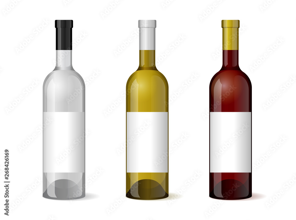 Wine realistic 3d bottle with blank white label template set for alcohol industry design. Vector illustration Wine realistic 3d bottle with blank white label template set for alcohol industry design. Vector illustration