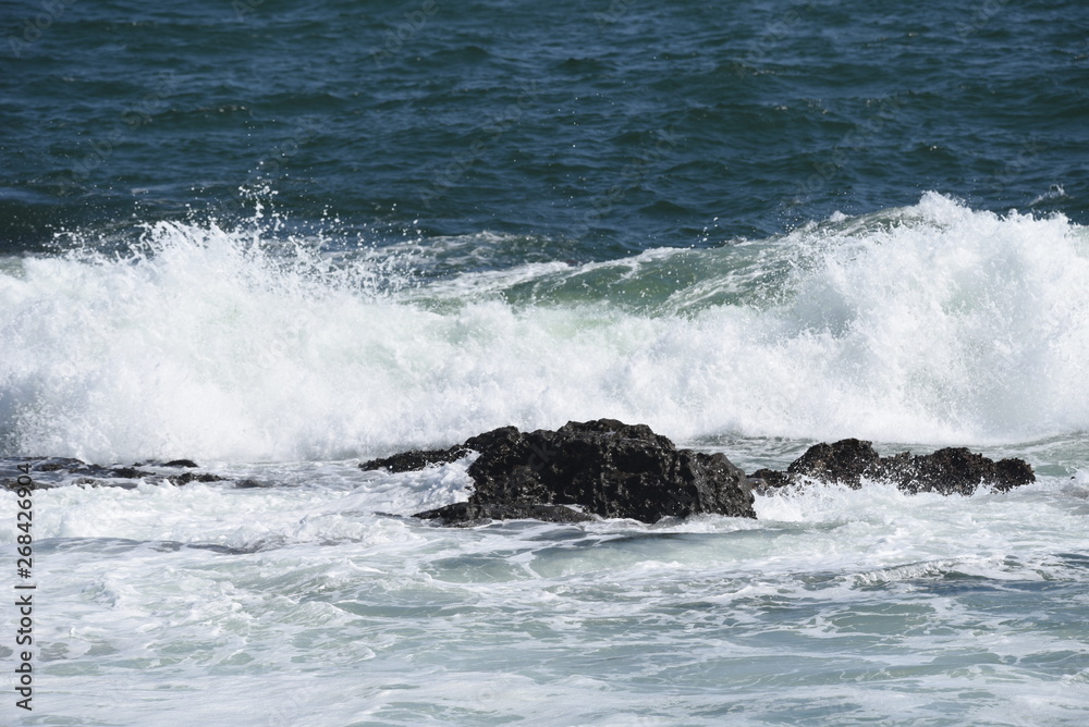 The scene of the beach. Waves crashing into rocks.