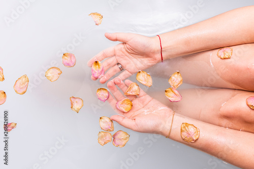 Female hands in water with pink rose petals