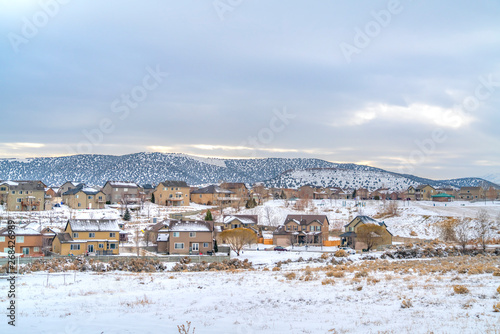 Frosty town with homes that contrast with the blanket of snow in winter
