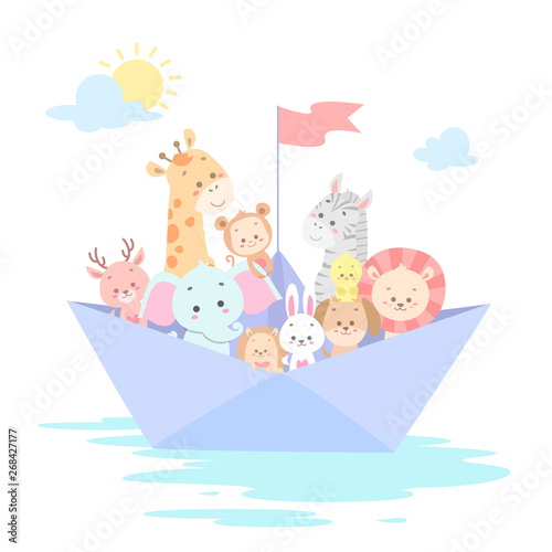 cute animals on the boat vector illustration