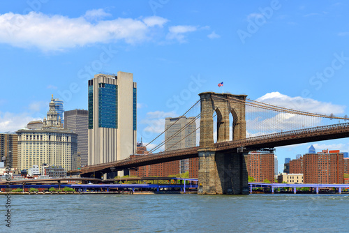 Brooklyn Bridge, hybrid cable-stayed, suspension bridge.. New York City (NYC), most populous city in United States