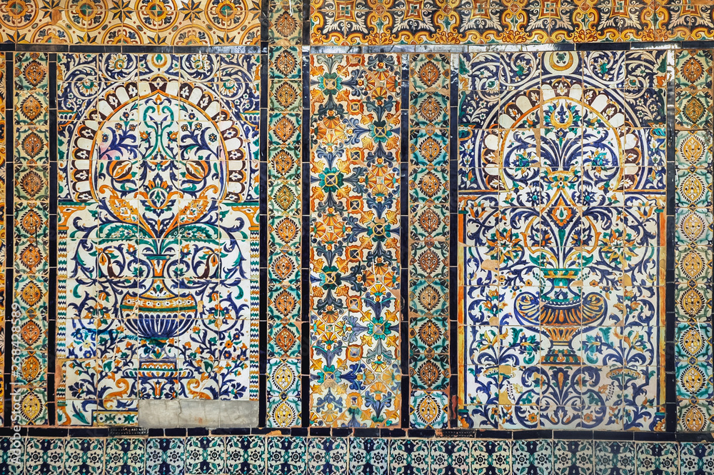 Tiled wall in Mausoleum of Sidi Sahab commonly known as Mosque of the Barber in Kairouan ancient city, Tunisia