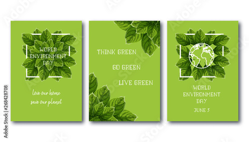World Environment Day posters set with green leaves, white frame, planet globe and slogan text.