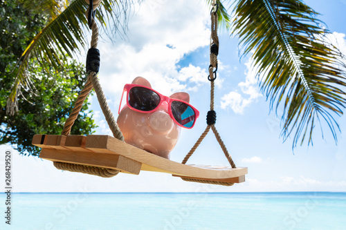 Pink Piggybank With Sunglasses On Wooden Swing