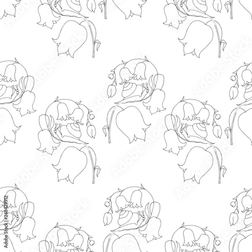 Bellflower snail seamless monochrome pattern. Design element stock vector illustration for web, for print, for children fabric print, coloring page