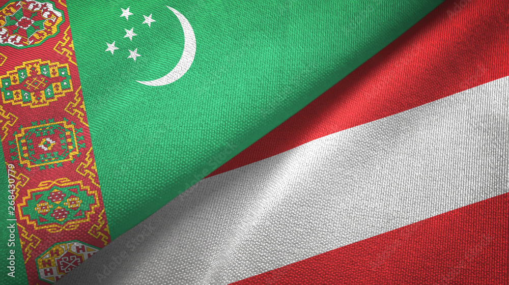 Fototapeta premium Turkmenistan and Austria two flags textile cloth, fabric texture 