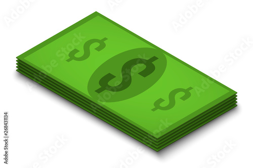 pack of dollars bills on a white background, isolate, isometry