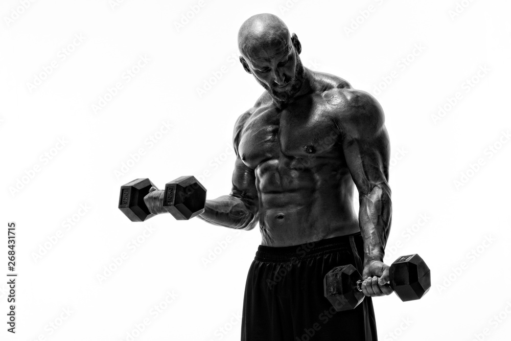 Muscular Men Lifting Weights. Performing Biceps Curls Muscular Men Lifting Weights. Performing Biceps Curls