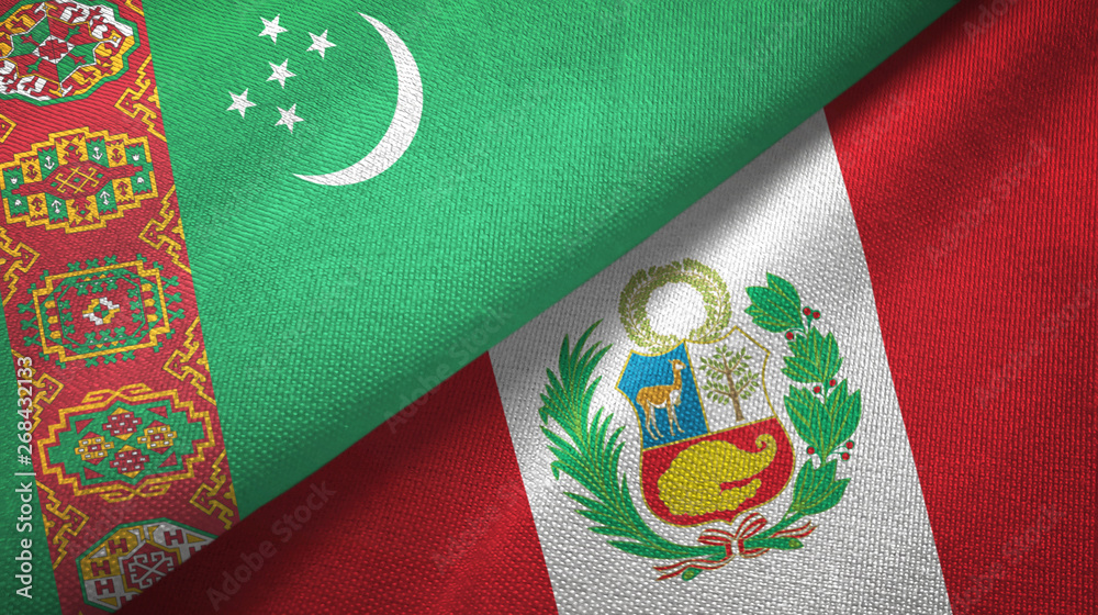Turkmenistan and Peru two flags textile cloth, fabric texture Turkmenistan and Peru two flags textile cloth, fabric texture