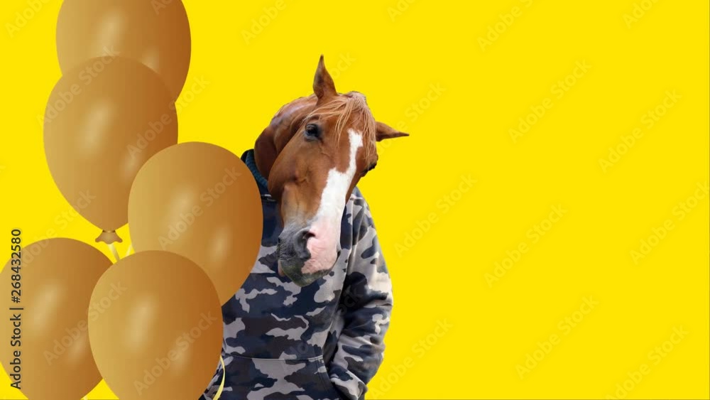 Swaying man with a horse head and flying yellow balloons, funny congratulation with space for your text, 4K video