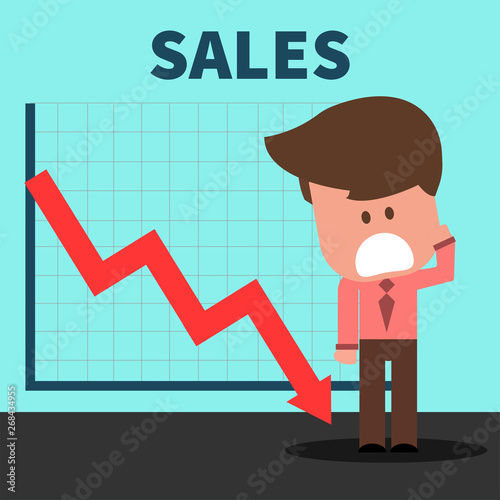 Businessman On Falling Down Chart with red arrow in failure