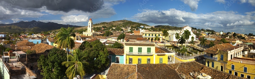 Wide Panoramic View of City Skyline, Bell Tower on Plaza Mayor and Colonial Houses in Trinidad, Cuba - a Unesco World Heritage Site