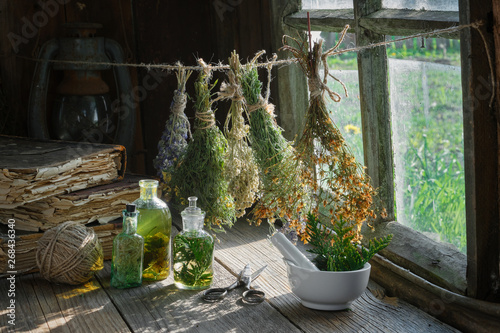 Tincture or infusion bottles, old books, mortar and hanging bunches of dry medicinal herbs. Herbal medicine.